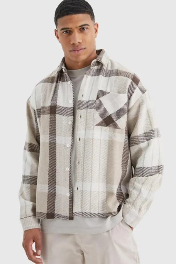 boohooMAN Boxy Split Hem Brushed Check Overshirt | Shirts | Going Out Shirts