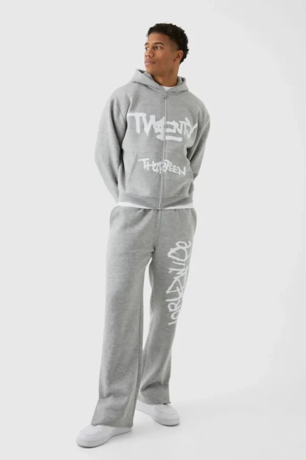 boohooMAN Boxy Spray Graffiti Print Split Hem Hooded Tracksuit | Tracksuits