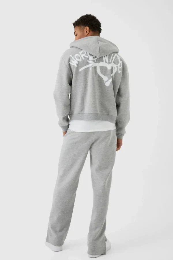 boohooMAN Boxy Spray Graffiti Print Split Hem Hooded Tracksuit | Tracksuits