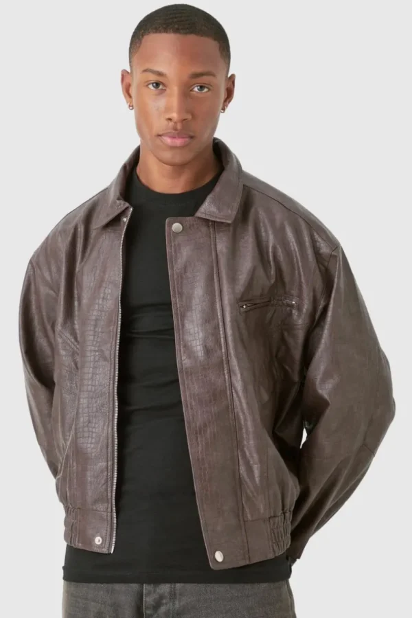 boohooMAN Boxy Textured PU Bomber Jacket In | Man