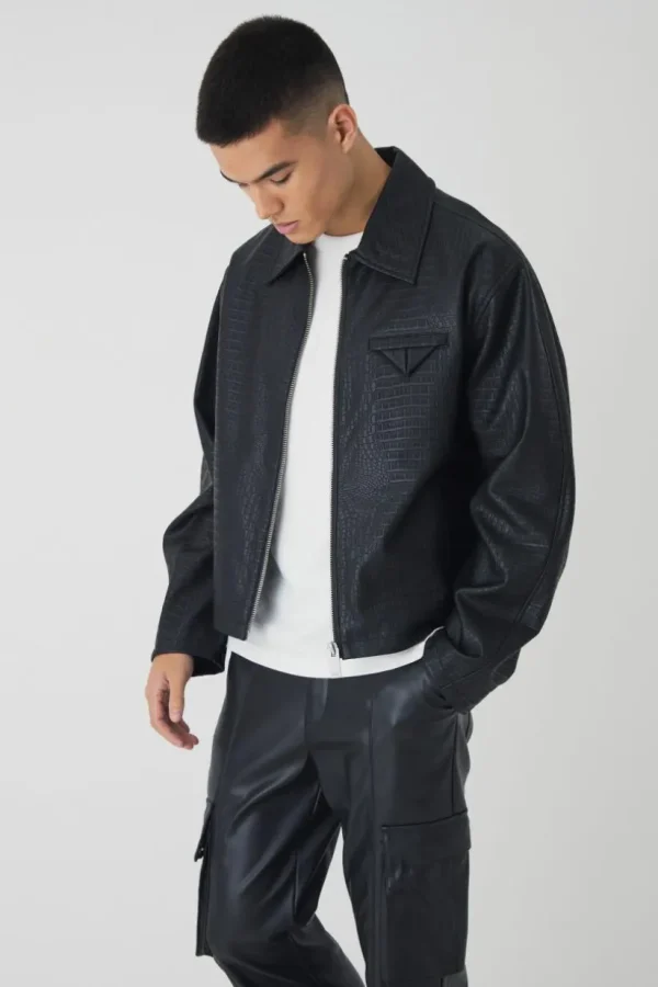 boohooMAN Boxy Textured PU Collared Bomber Jacket In | Going Out Jackets | Going Out