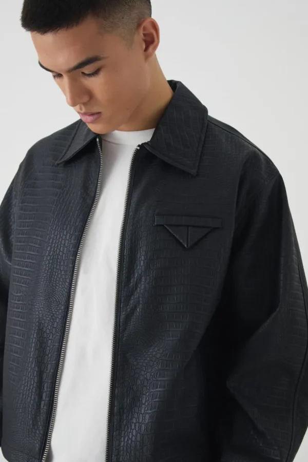 boohooMAN Boxy Textured PU Collared Bomber Jacket In | Going Out Jackets | Going Out