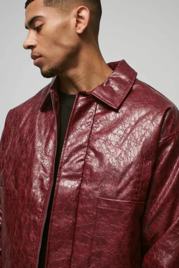 boohooMAN Boxy Textu Pu Harrington Jacket In | Going Out Jackets | Going Out