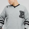 boohooMAN Boxy V Neck Boxy Distressed Varsity Jumper | Knitwear | Going Out Knitwear