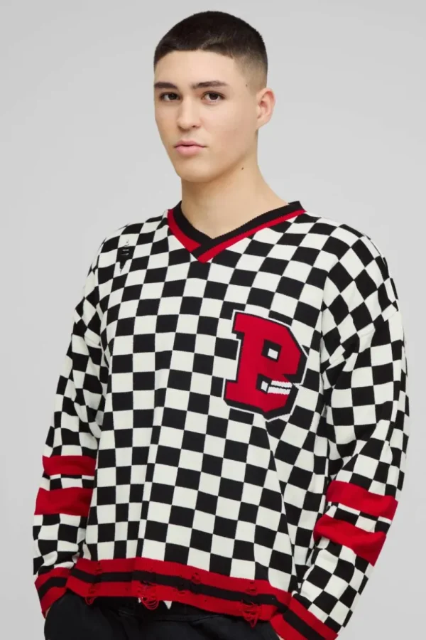 boohooMAN Boxy V Neck Boxy Distressed Checked Varsity Jumper | Knitwear | Going Out Knitwear