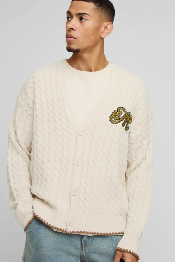 boohooMAN Boxy Varsity Applique Knitted Cardigan | Knitwear | Going Out Knitwear