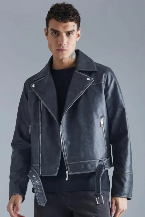 boohooMAN Boxy Vintage Pu Biker Jacket | Going Out Jackets | Going Out
