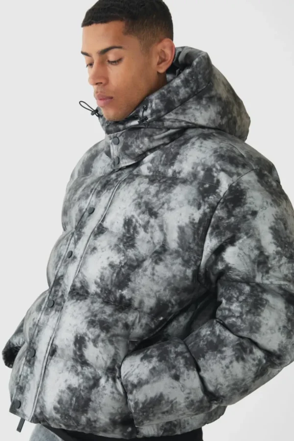 boohooMAN Boxy Washed Hooded Puffer Jacket In | Man | Coats & Jackets