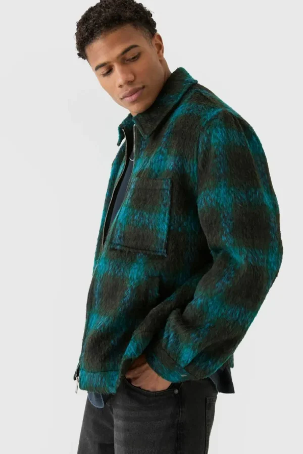 boohooMAN Brushed Check Collared Harrington Jacket In | Man | Coats & Jackets