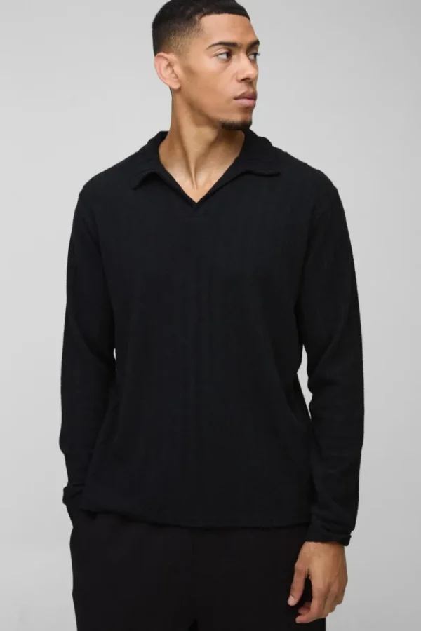 boohooMAN Brushed Wide Rib Revere Long Sleeve Polo | Going Out Polo Shirts | Going Out