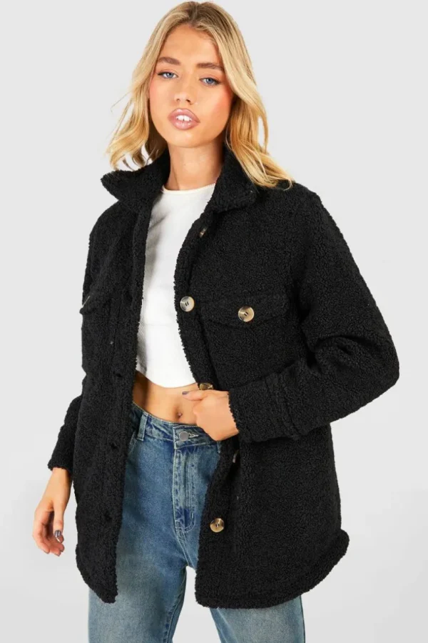 boohoo Button Detail Teddy Faux Fur Shacket | Women Shirts | Foundation