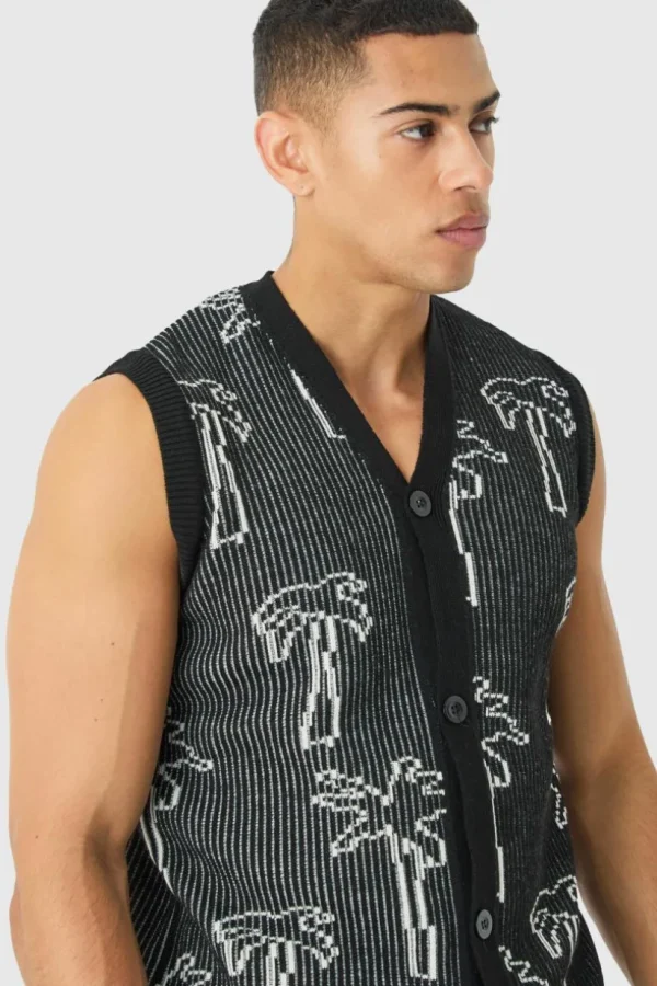 boohooMAN Button Through Palm Ribbed Knit Vest | Knitwear | Going Out Knitwear