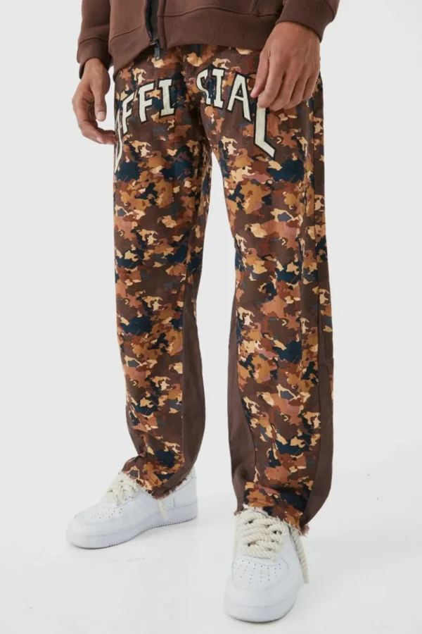 boohooMAN Camo Gusset Detail Official Applique Flared Trousers | Trousers