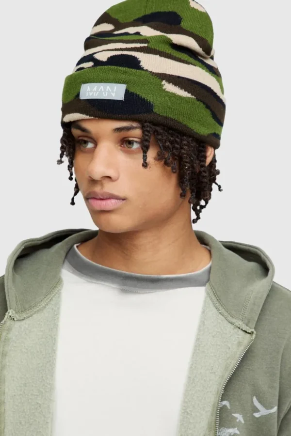 boohooMAN Camo Print Man Woven Tab Beanie In | Hats & Caps