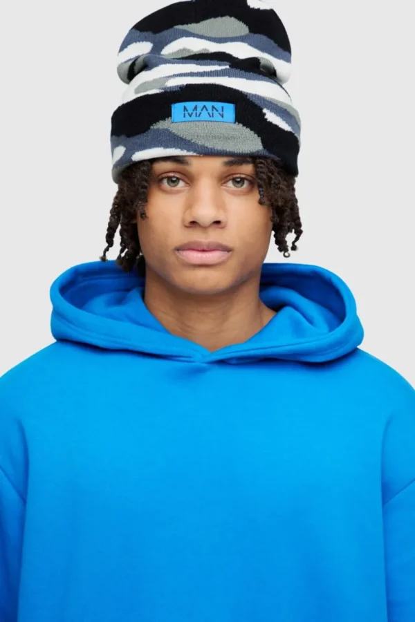 boohooMAN Camo Print Man Woven Tab Beanie In | Hats & Caps