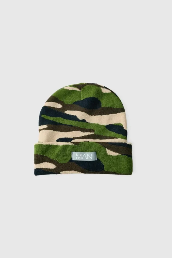 boohooMAN Camo Print Man Woven Tab Beanie In | Hats & Caps