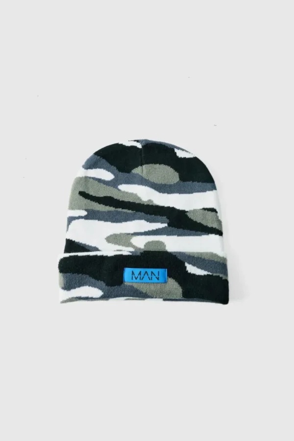 boohooMAN Camo Print Man Woven Tab Beanie In | Hats & Caps