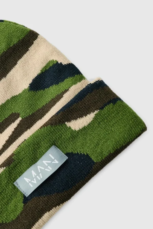 boohooMAN Camo Print Man Woven Tab Beanie In | Hats & Caps