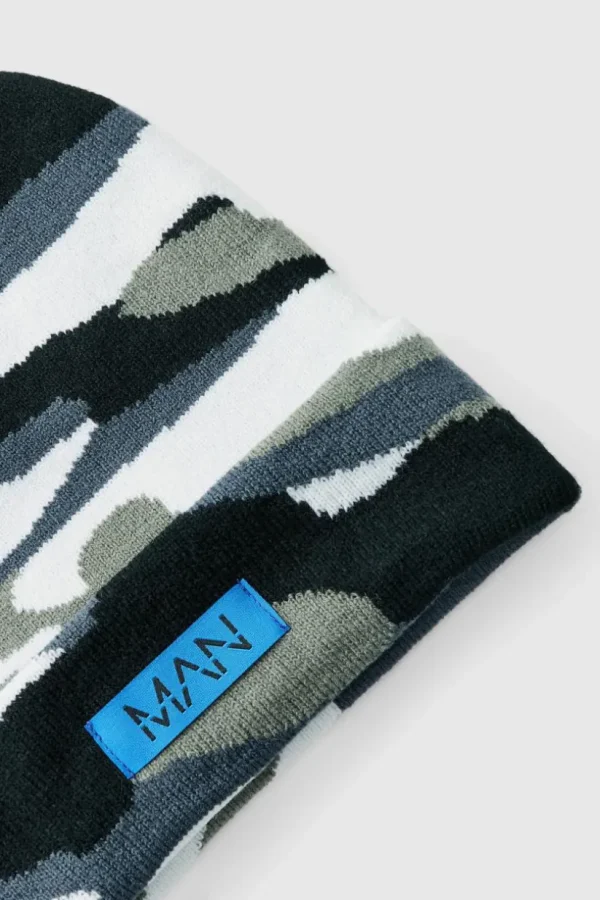 boohooMAN Camo Print Man Woven Tab Beanie In | Hats & Caps