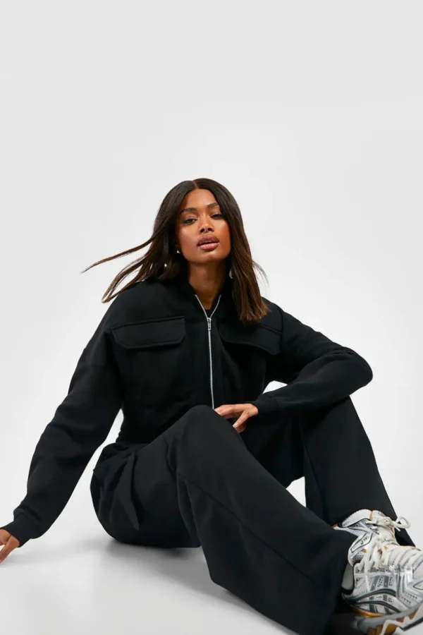 boohoo Cargo Pocket Cropped Hoodie Straight Leg Tracksuit | Women Shirts | Foundation