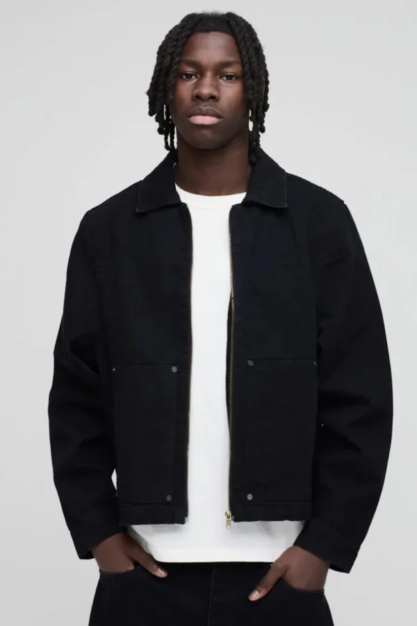 boohooMAN Carpenter Black Denim Harrington Jacket | Going Out Jackets | Going Out