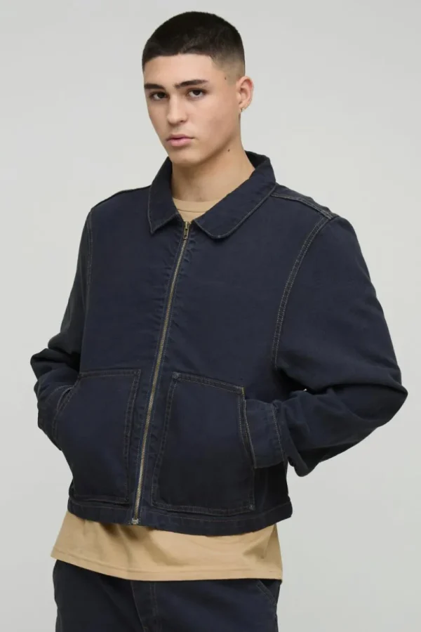 boohooMAN Carpenter Contrast Stitch Denim Harrington Jacket | Going Out Jackets | Going Out