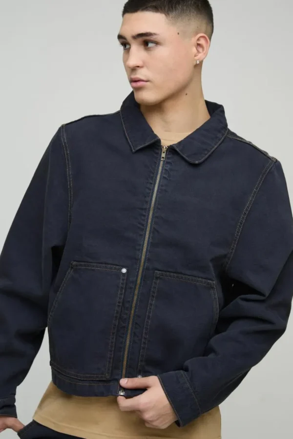 boohooMAN Carpenter Contrast Stitch Denim Harrington Jacket | Going Out Jackets | Going Out