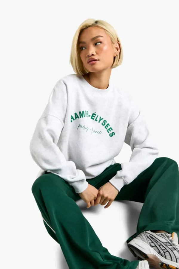 boohoo Champs Elysees Slogan Oversized Sweatshirt | Women Shirts | Foundation