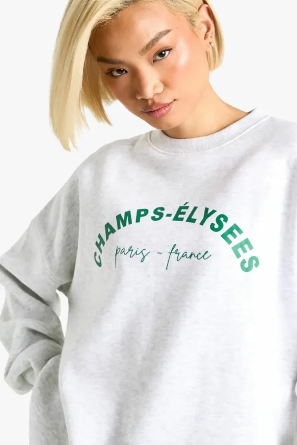 boohoo Champs Elysees Slogan Oversized Sweatshirt | Women Shirts | Foundation