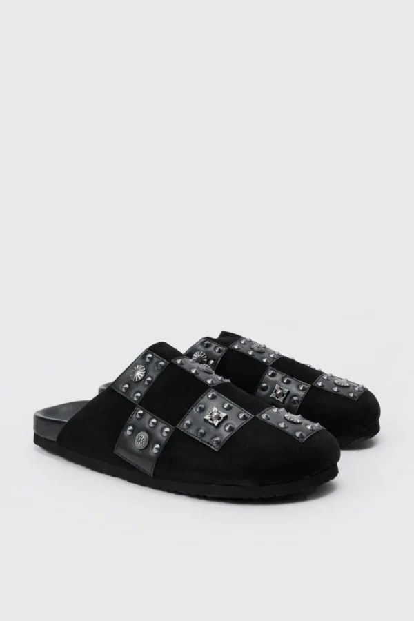 boohooMAN Checkered Metal Detail Mule In | Sliders & Slippers | Footwear