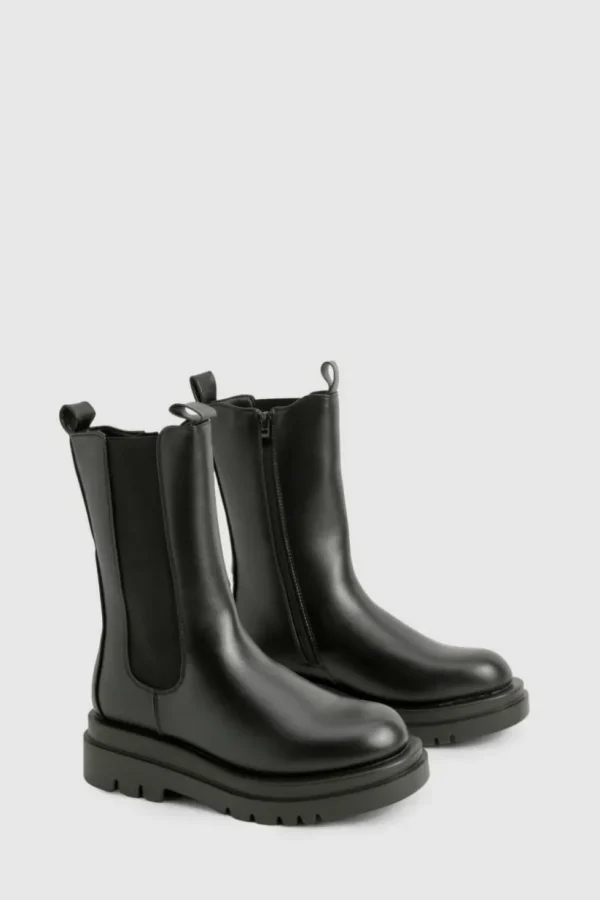 boohoo Chunky Cleated Calf High Chelsea Boots | Women Shirts | Foundation