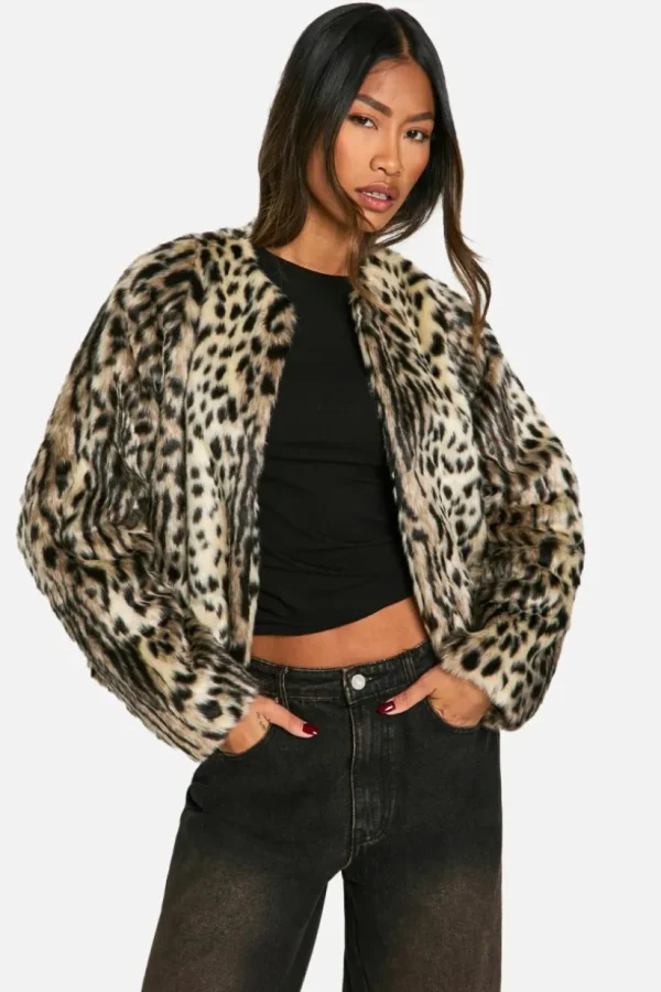 boohoo Collarless Leopard Faux Fur Jacket | Women Shirts | Foundation