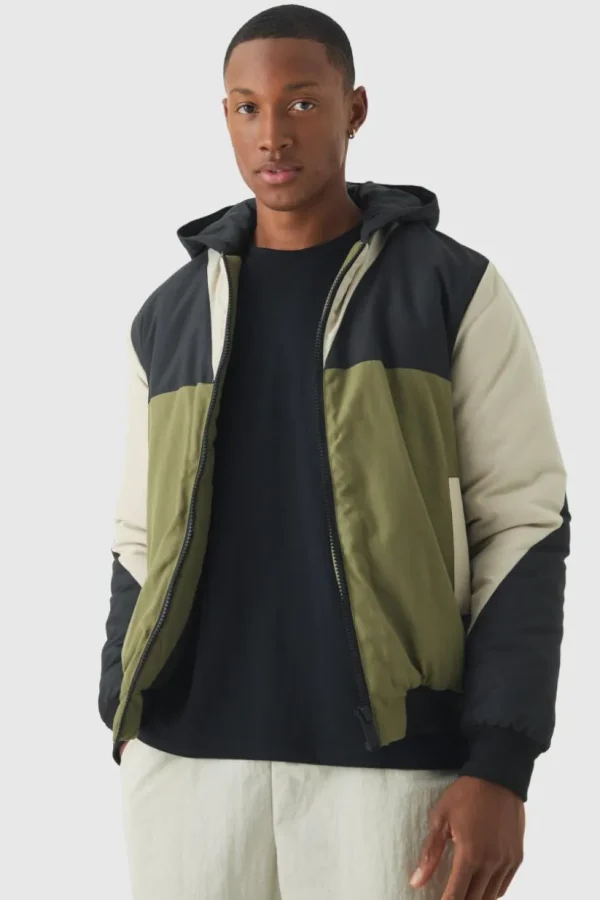 boohooMAN Colour Block Hooded Padded Bomber Jacket In | Man | Coats & Jackets