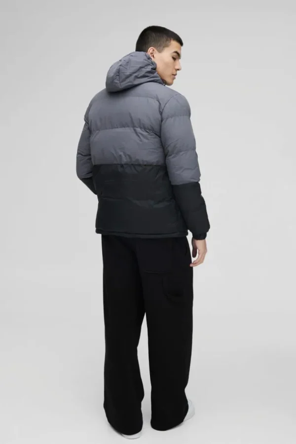 boohooMAN Colour Block Hooded Puffer in | Man | Coats & Jackets