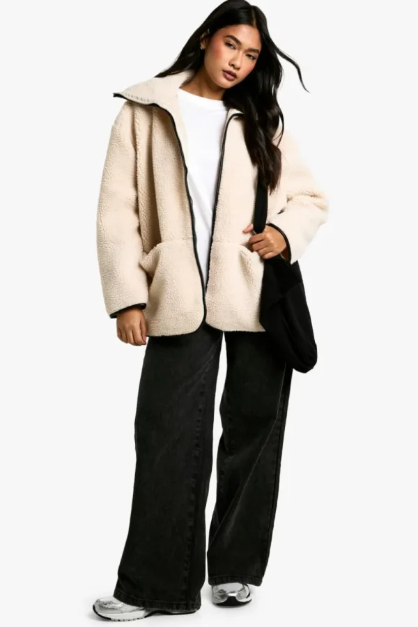 boohoo Contrast Detail Funnel Neck Teddy Jacket | Women Shirts | Foundation