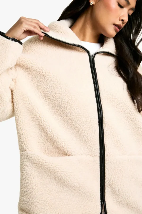 boohoo Contrast Detail Funnel Neck Teddy Jacket | Women Shirts | Foundation