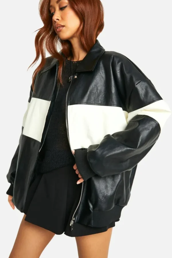 boohoo Contrast Detail Oversized Faux Leather Bomber Jacket | Women Shirts | Foundation