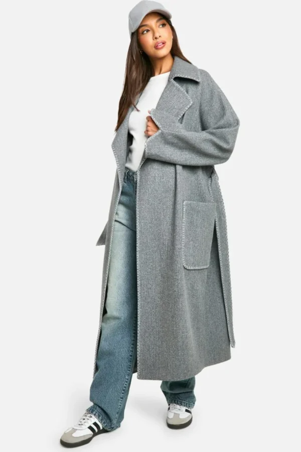 boohoo Contrast Stitch Belted Wool Look Coat | Women Shirts | Foundation