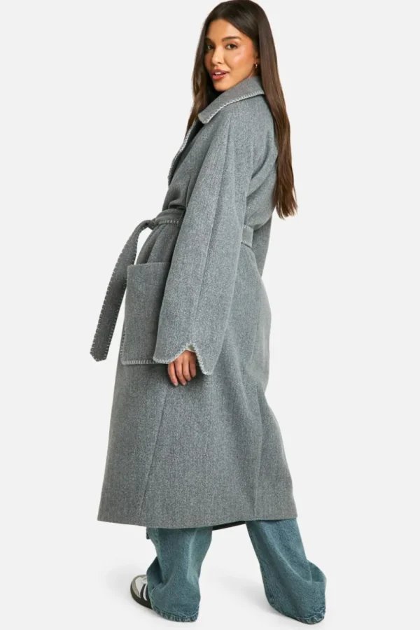 boohoo Contrast Stitch Belted Wool Look Coat | Women Shirts | Foundation