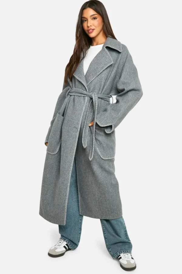 boohoo Contrast Stitch Belted Wool Look Coat | Women Shirts | Foundation