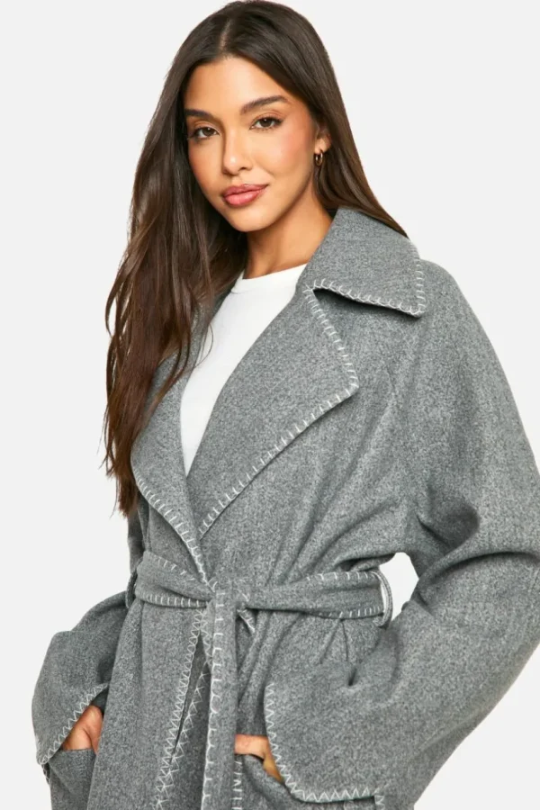 boohoo Contrast Stitch Belted Wool Look Coat | Women Shirts | Foundation