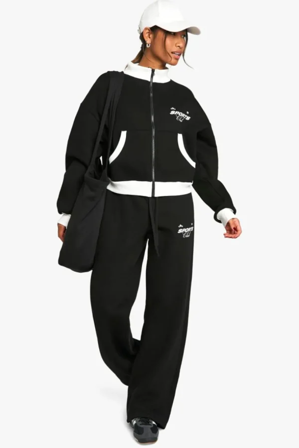 boohoo CONTRAST ZIP THROUGH SWEATSHIRT STRAIGHT LEG JOGGER TRACKSUIT | Women Shirts | Foundation