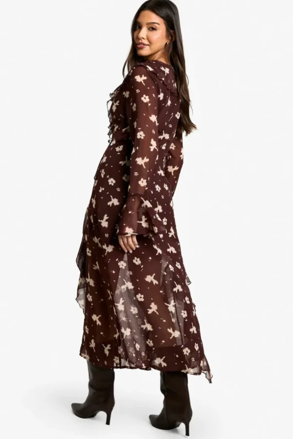 boohoo Dark Floral Ruffle Midaxi Dress | Women Shirts | Foundation