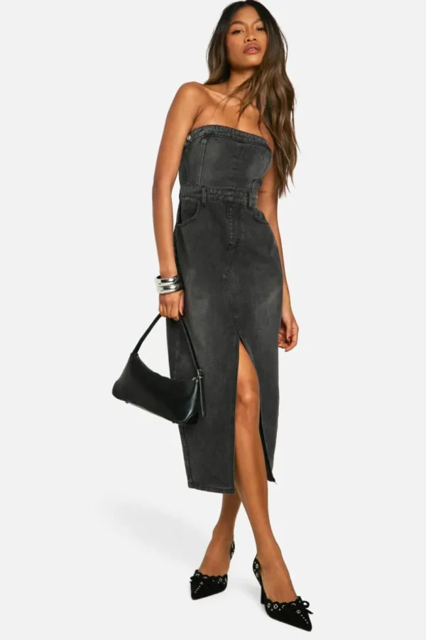 boohoo Denim Bandeau Split Front Midi Dress | Women Shirts | Foundation