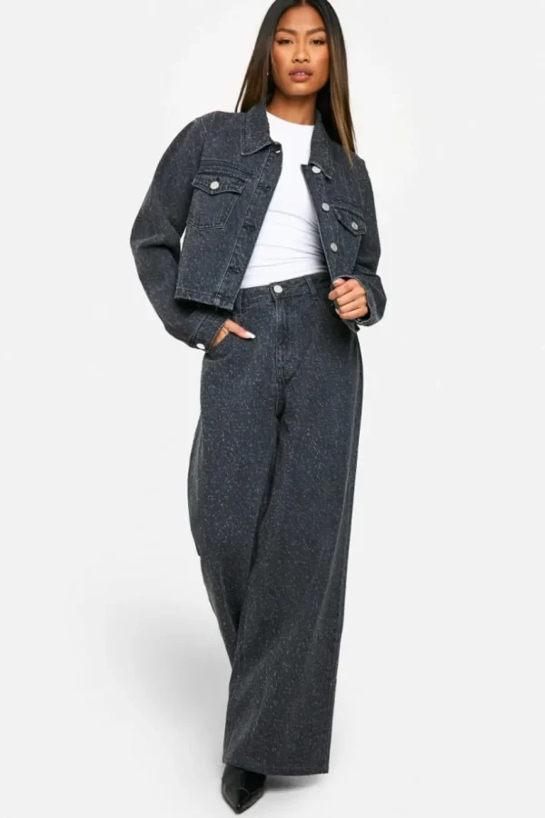 boohoo Distressing Detail Denim Jacket & Wide Leg Jeans Co-Ord | Women Shirts | Foundation