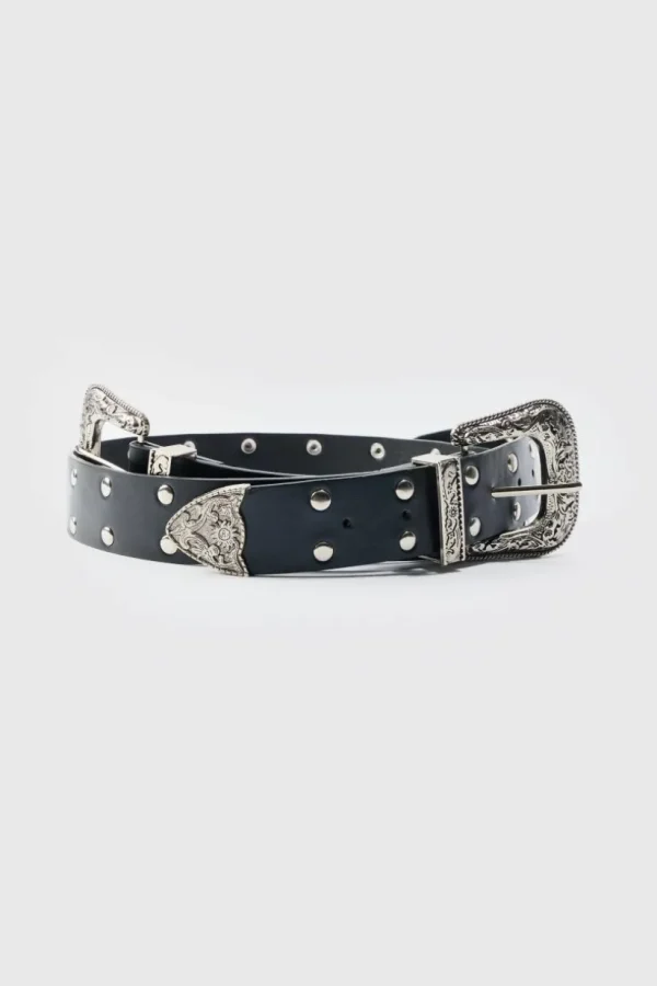 boohooMAN Double Buckle Studded Belt In | Belts