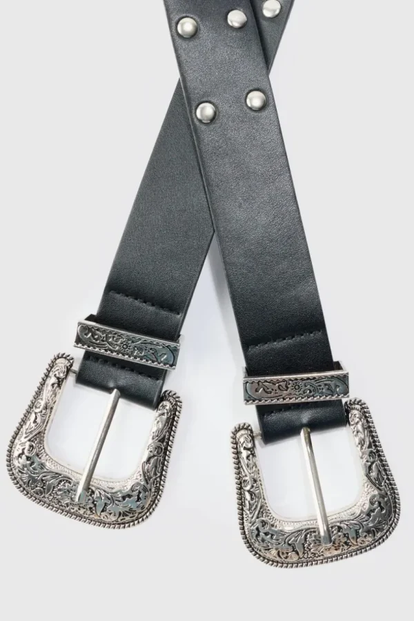 boohooMAN Double Buckle Studded Belt In | Belts