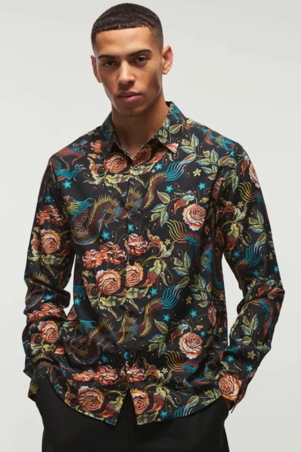 boohooMAN Dragon Print Long Sleeve Shirt | Shirts | Going Out Shirts