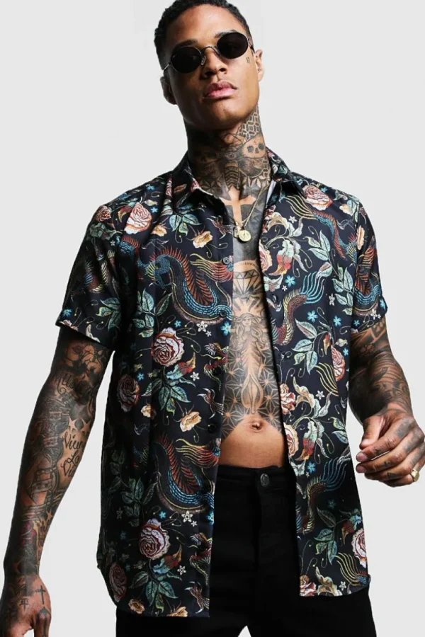 boohooMAN Dragon Print Short Sleeve Shirt | Going Out Tops | Going Out