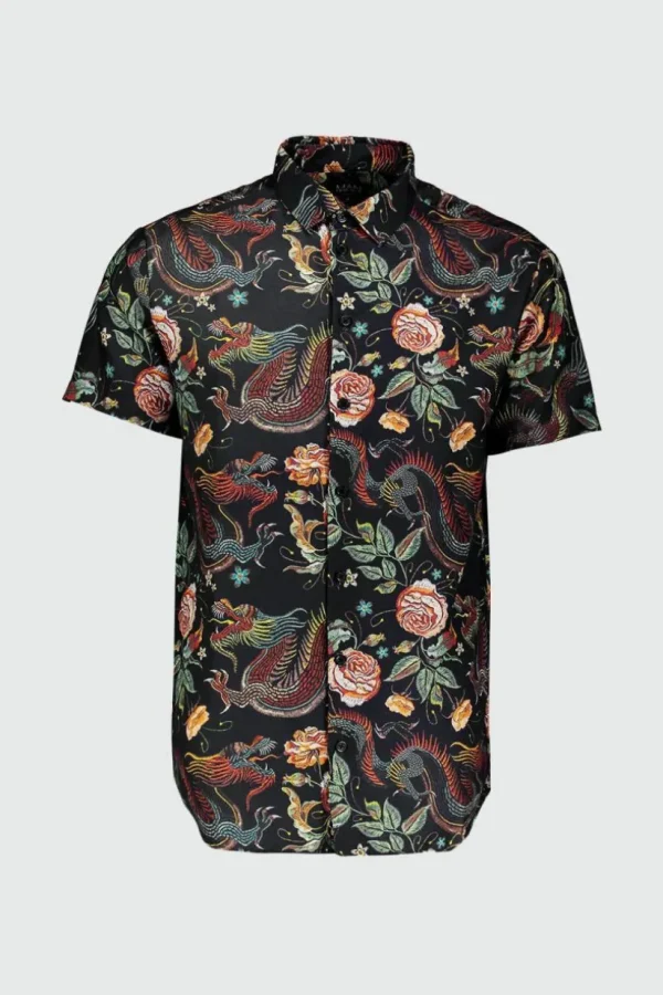 boohooMAN Dragon Print Short Sleeve Shirt | Going Out Tops | Going Out